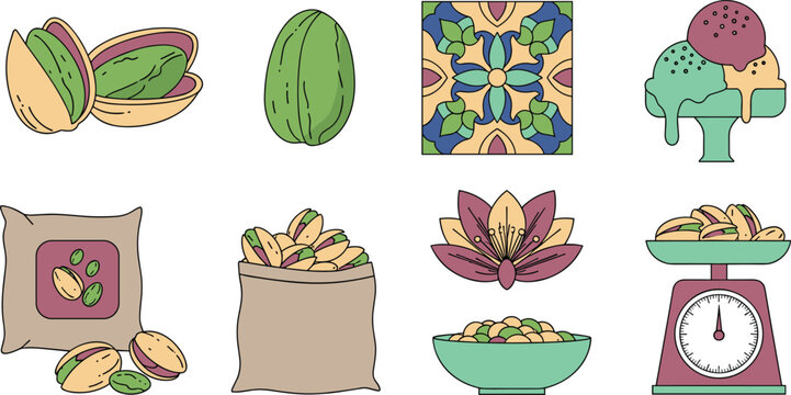 Mediterranean Antipasti and Tapas Vector Icon Set Featuring Dolmas, Bresaola, Artichoke Hearts, Caper Jar, Feta Cheese, and Skewered Olives