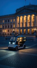 Fototapeta premium Electric Autonomous Vehicle Parked in Front of Historic Building.
