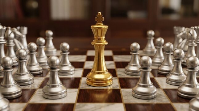 Golden king chess piece among silver chess pieces, business dominance and strategy concept, elegant board close-up, no logos