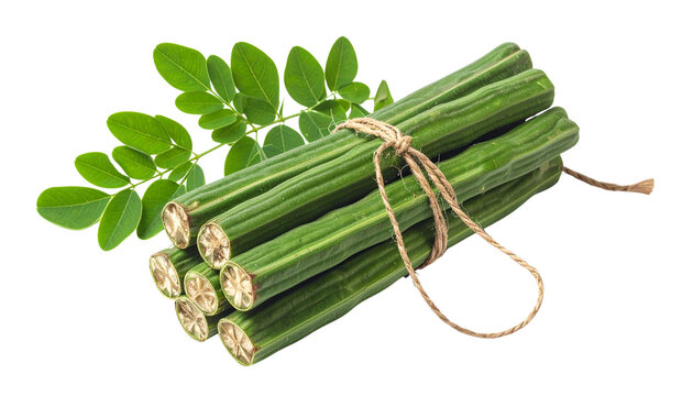 Fresh drumsticks or moringa oleifera pods tied with a string isolated on solid white background3
