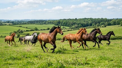 Obraz premium Horses running across green meadow, horses running across a green meadow, freedom and nature concept, dynamic movement, open countryside scenery, flowing manes, fresh grass, bright daylight, realistic