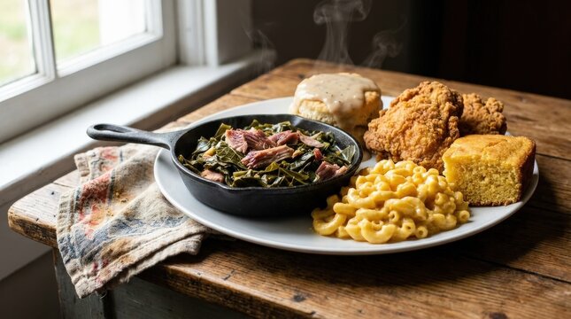 Close up of Southern comfort food celebrating cultural culinary heritage, rich soul food meal with hearty textures and warm inviting presentation, soft natural light, realistic detail, no logos