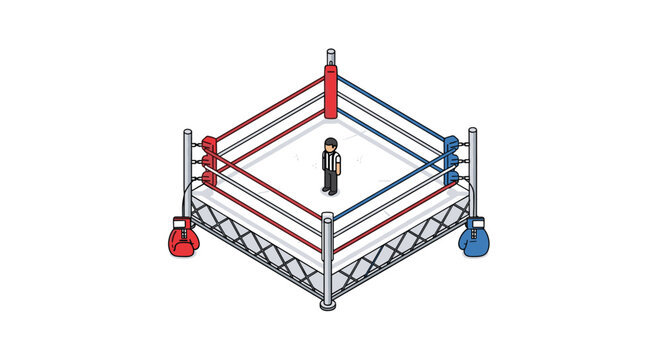 A professional isometric boxing ring features a lone referee standing on the canvas with red and blue gloves hanging from the corner posts.
