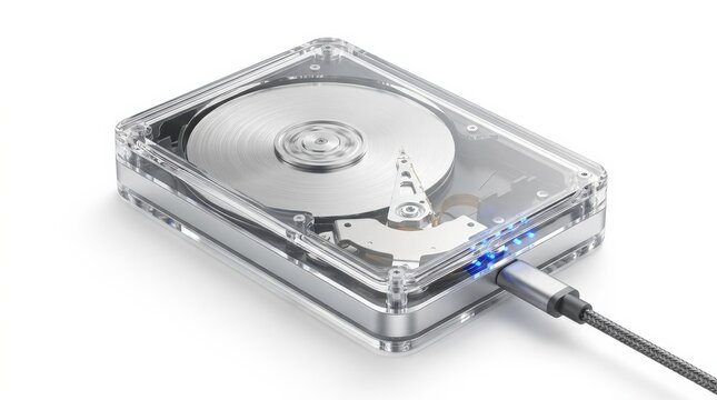 Transparent external hard drive with visible spinning disk inside, modern data storage concept, clean tech product design, minimal white background, crisp detail, no logos