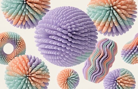 Vibrant 3 d puffy squishy abstract shapes in purple, teal, and orange