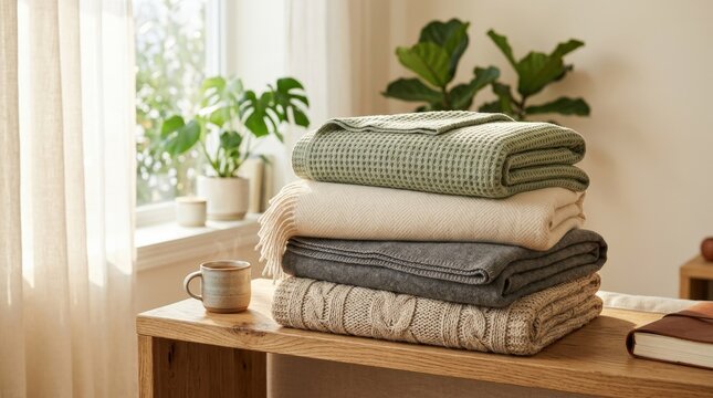 Folded blankets under sunlight, cozy home textile still life for interior decor and seasonal comfort marketing, tactile texture, premium material detail, balanced styling, gentle shadows, realistic