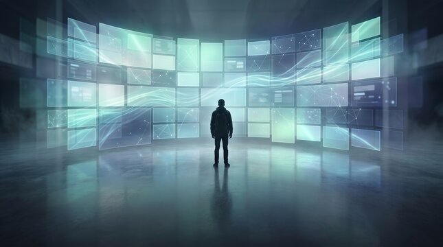 Lone figure in immersive screen chamber with glowing digital walls
