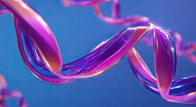 Translucent magenta and purple ribbons twist elegantly against a smooth blue backdrop