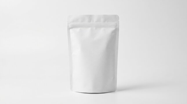 Blank white stand up pouch with zipper close up on a white background, neutral food packaging mockup for branding free product presentation, clean minimal studio composition, soft shadow, sharp