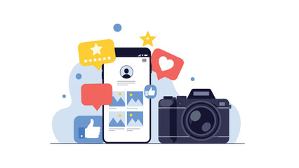 Naklejka premium Social media marketing, content creation, and photography concept featuring a smartphone, camera, and social engagement icons.