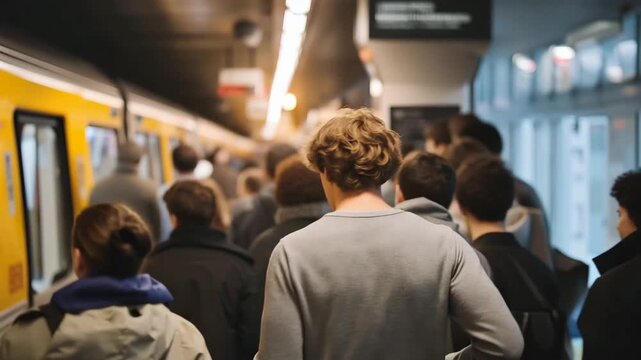 Crowded subway platform at rush hour, pickpocket awareness poster visible above commuters, transit security messaging, urban public safety, commuter vigilance, metropolitan crowd v
