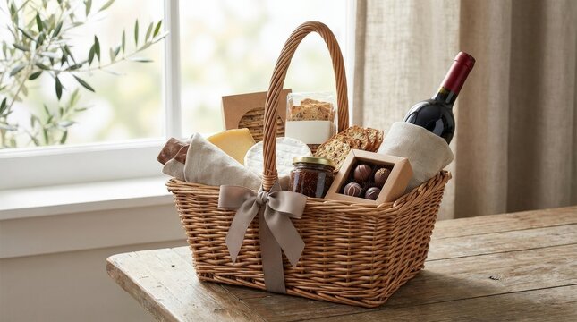 Wine gift basket delivery for special occasions, curated gourmet hamper with premium celebration items, elegant present concept, refined styling, soft natural light, no logos