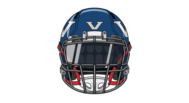 A professional navy blue American football helmet features a sturdy grey metal facemask and vibrant red chin straps against a pristine white background.