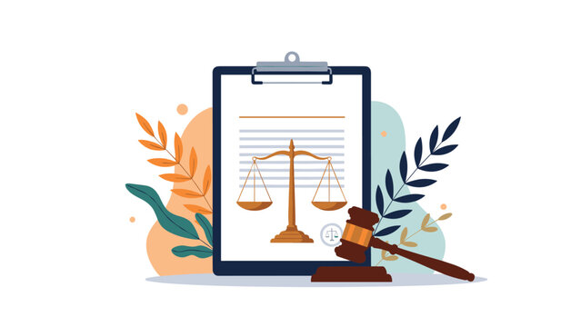 Legal clipboard displays the scales of justice next to a wooden gavel and leafy branches, representing law, judicial order, and court proceedings.