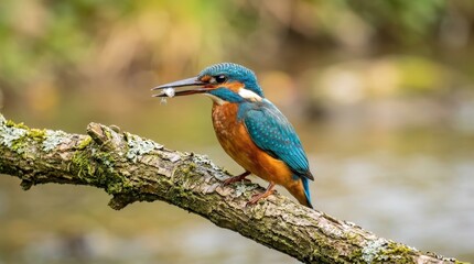 Fototapeta premium Kingfisher bird perched on a textured branch with vivid colors, detailed wildlife portrait with sharp beak and bright plumage, natural background blur, realistic nature photography, no logos