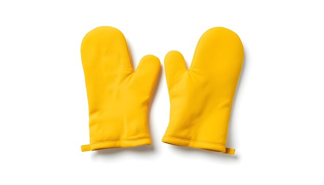 A pair of bright yellow oven mitts on a white background