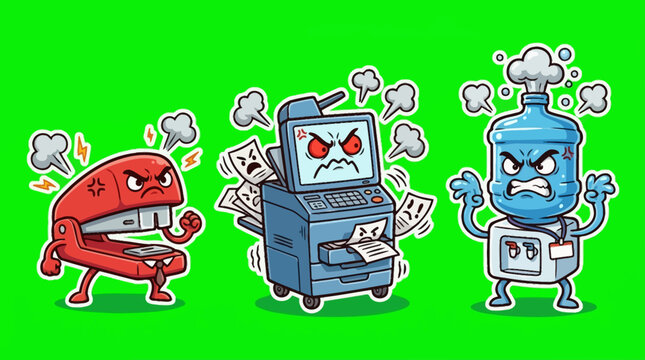 Angry Office Supplies - Stapler, Printer, and Water Cooler Cartoon Characters.