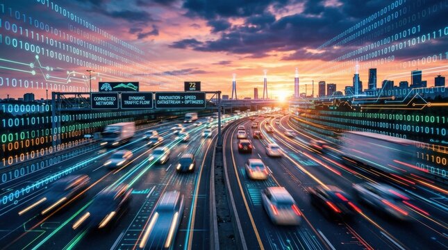 Digital data stream on a highway at sunset with binary code overlay and motion blur, smart transportation and connected technology concept with dynamic speed and innovation, cinematic lighting, no