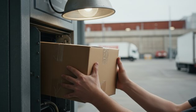 Hands carefully placing a cardboard parcel into a sleek, modern parcel locker in an urban setting