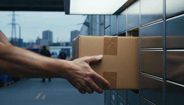 Hands carefully placing a cardboard parcel into a sleek, modern parcel locker in an urban setting