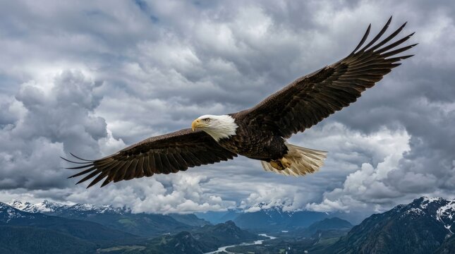Majestic bald eagle soaring through cloudy sky, powerful wildlife portrait with dramatic wingspan and natural freedom concept, realistic detail, no logos