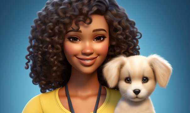 A young girl with curly hair smiling and holding a cute puppy