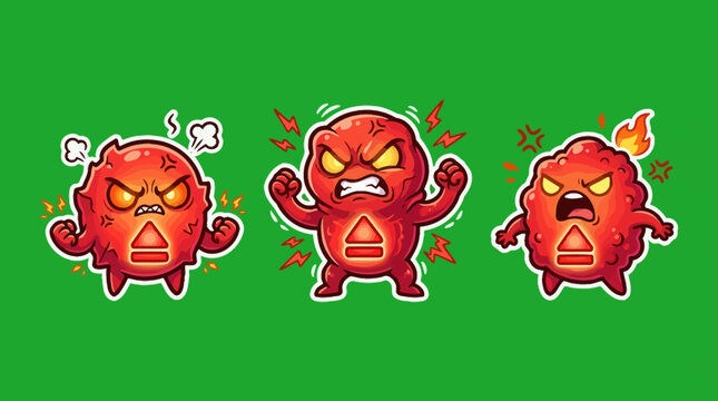 Angry Red Cartoon Characters Displaying Different Emotions on Green Background.