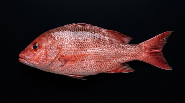 Red snapper fish isolated on black background, fresh seafood product shot with vivid texture and premium market presentation, realistic detail, no logos