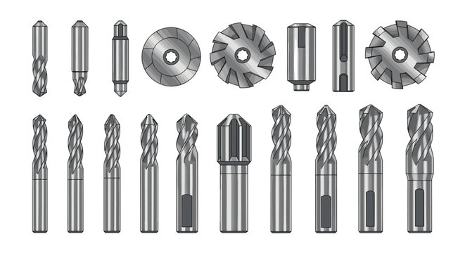 Professional grade metallic silver drill bits and precision milling cutters are displayed in a structured rows against a neutral grey industrial background.