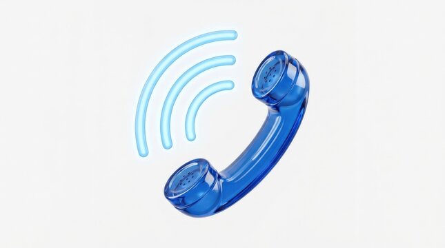 Glossy blue glass telephone receiver icon with signal waves on a white background, communication concept, modern minimal symbol, no logos