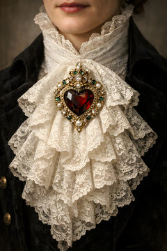Victorian woman wearing an ornate lace jabot with a heart brooch