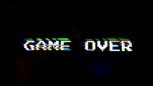 Retro pixel art game over screen with heavy digital glitch effects and RGB split distortion on a dark abstract background for gaming failure and arcade concepts