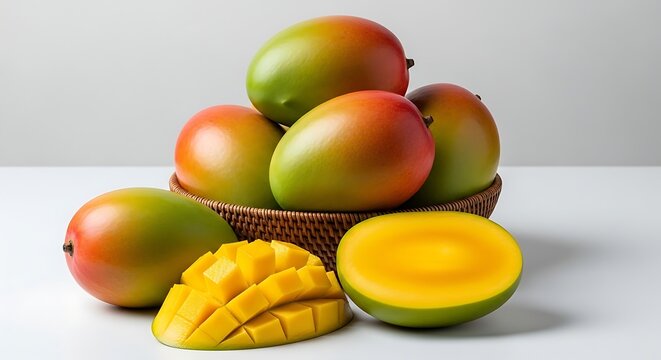 Keranjang anyaman berisi sekumpulan buah mangga matang berdampingan dengan potongan dadu yang melambangkan kekayaan rasa tropis dan nutrisi