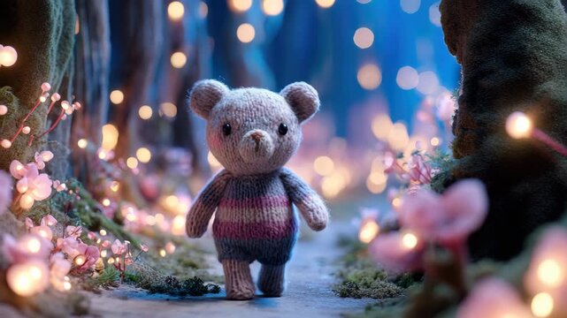 cute bear knitted toy walk in magical forest with shining lights in fairy tale illustrated animation