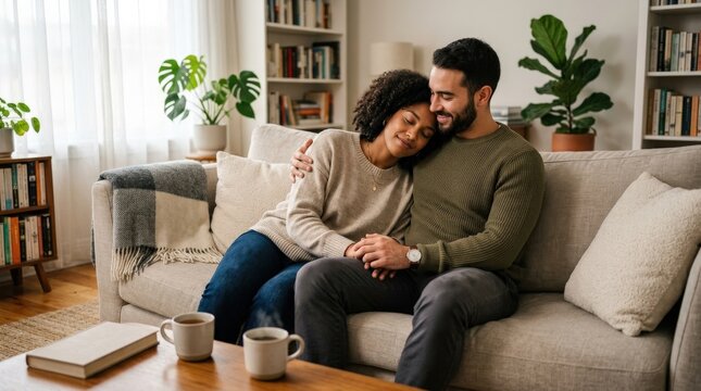 Romantic couple support comfort, authentic connection and modern lifestyle scene, natural body language, relatable emotion, commercial stock composition, clean wardrobe without branding, detailed