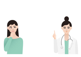 Obraz premium 悩む・不安な女性患者と指差し説明をする女医の診療ベクターイラスト素材