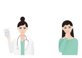 Obraz premium 悩む・不安な女性患者と薬の説明をする女医の診療ベクターイラスト素材