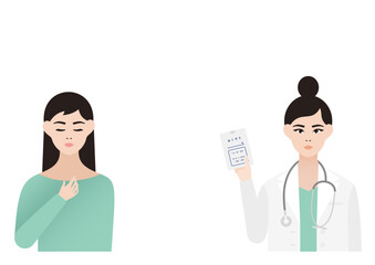 Obraz premium ほっと安心する女性患者と薬の説明をする女医の診療ベクターイラスト素材