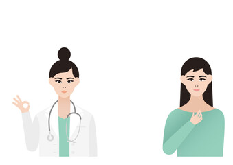 Obraz premium ほっと安心する女性患者とOKサインをする女医の診療ベクターイラスト素材