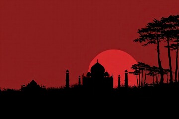 Fototapeta premium Minimalist composition of the Taj Mahal in Agra. Prominent crimson sun disk, foreground pines, dark silhouette