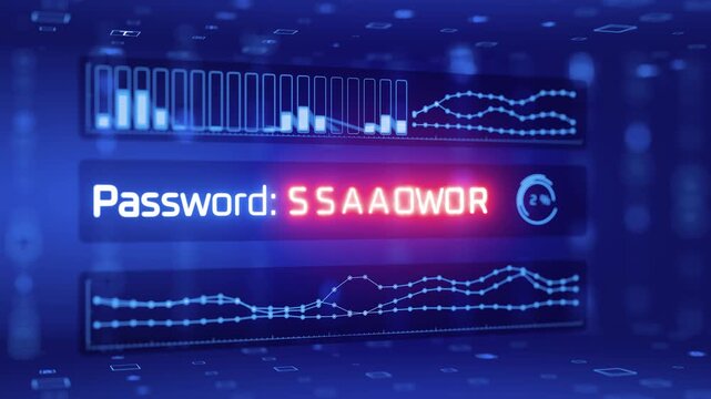 Password guessing animation. Password brute-force attack. Password protection. Correspondence privacy. Password and database hacking. Personal data leak. Cryptocurrency exchange hacking. Cybercrime.