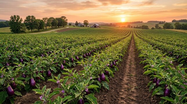 Purple eggplant field at sunset, agricultural crop rows in warm evening light, harvest concept, rural landscape, rich natural color, soft natural or studio light, realistic detail, balanced