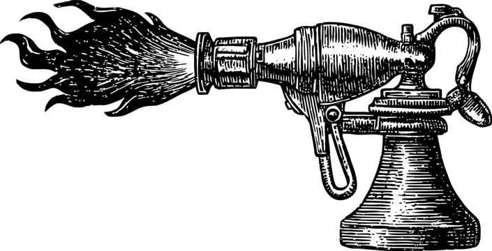 Old fashioned flamethrower illustration vintage retro weapon with fire blast, mechanical antique device for combat and destruction