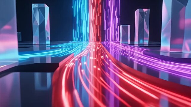 Ground-level fast tracking of colorful neon data flows through low-poly futuristic city, 4K