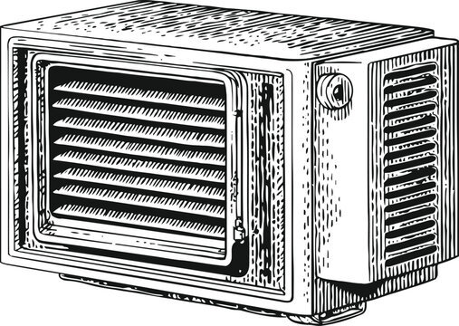Vintage drawing of a wall mounted air conditioner unit with vents and control dial