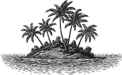 Tropical island with palm trees surrounded by ocean water landscape vintage engraving