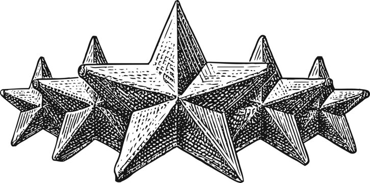 five hand drawn three dimensional stars arranged in a row with detailed shading and texture