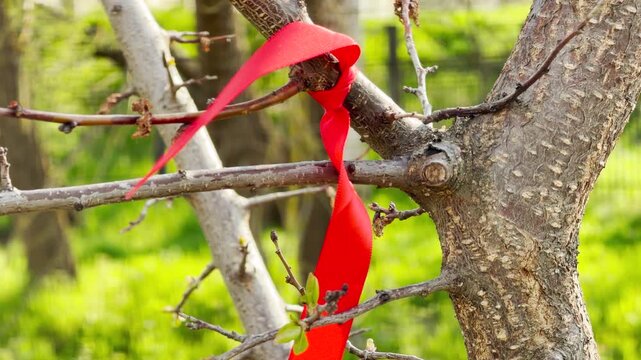 A vibrant red ribbon is knotted around a brown tree branch. This striking scene feels hopeful and symbolic against the soft green background. The warm sunlight creates a cheerful, peaceful mood.