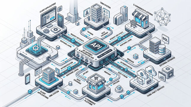 Isometric API concept showing data connections and digital ecosystem architecture.