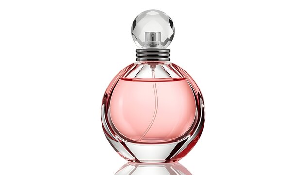 A luxurious perfume bottle with pink liquid and a crystal cap on a white background